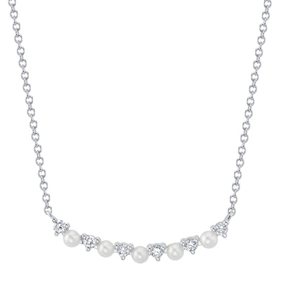 Shy Creation Pearl & Diamond Curved Bar Necklace