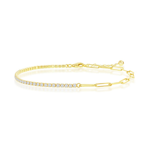 Exclusively Silver Half Cz Tennis  And Half Paperclip Anklet