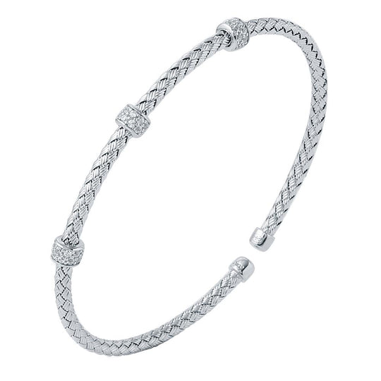 Exclusively Silver Woven Cuff Style Bracelet With Three Cz Stations