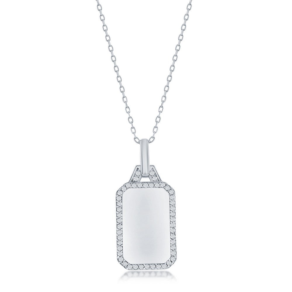 Exclusively Silver Rectangle Tag Pendant With A Cz Border