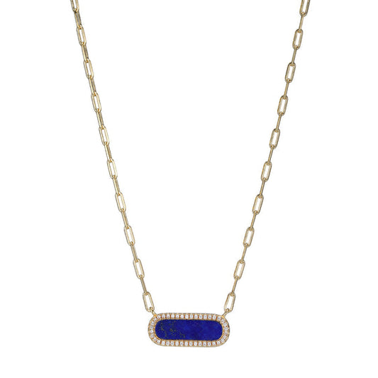 Exclusively Silver Gold Plated Paperclip Necklace With Oval Lapis And Cz Halo