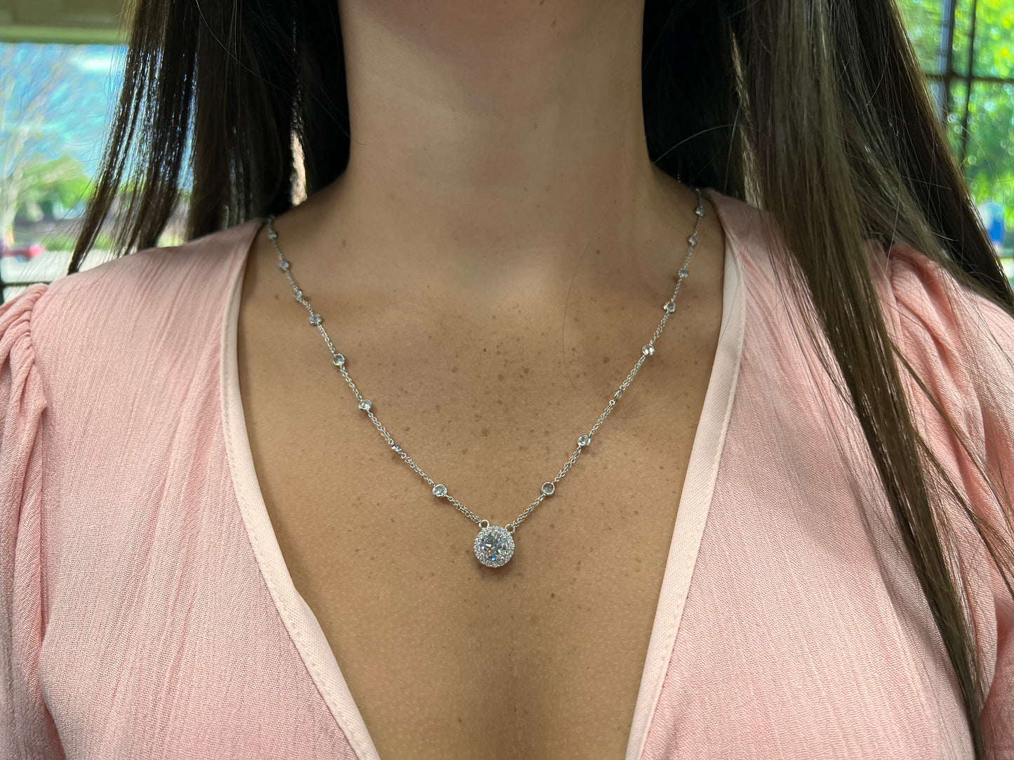 Exclusively Silver Cz Station Necklace With A Large Round Cz Pendant