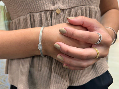 Exclusively Silver Cuff Style Bracelet With A Rectangular Cushion Shaped Pave Set CZ Station