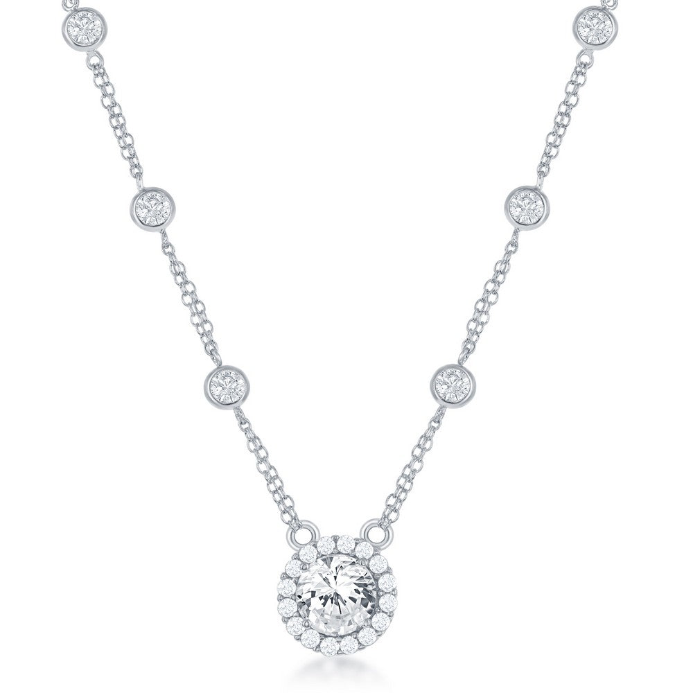 Exclusively Silver Cz Station Necklace With A Large Round Cz Pendant