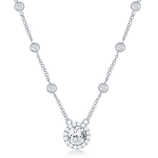 Exclusively Silver Cz Station Necklace With A Large Round Cz Pendant