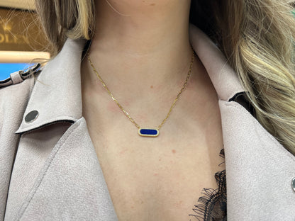 Exclusively Silver Gold Plated Paperclip Necklace With Oval Lapis And Cz Halo