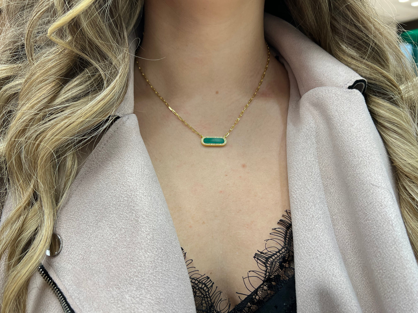 Exclusively Silver Paperclip Necklace With Malachite Oval With Cz Halo